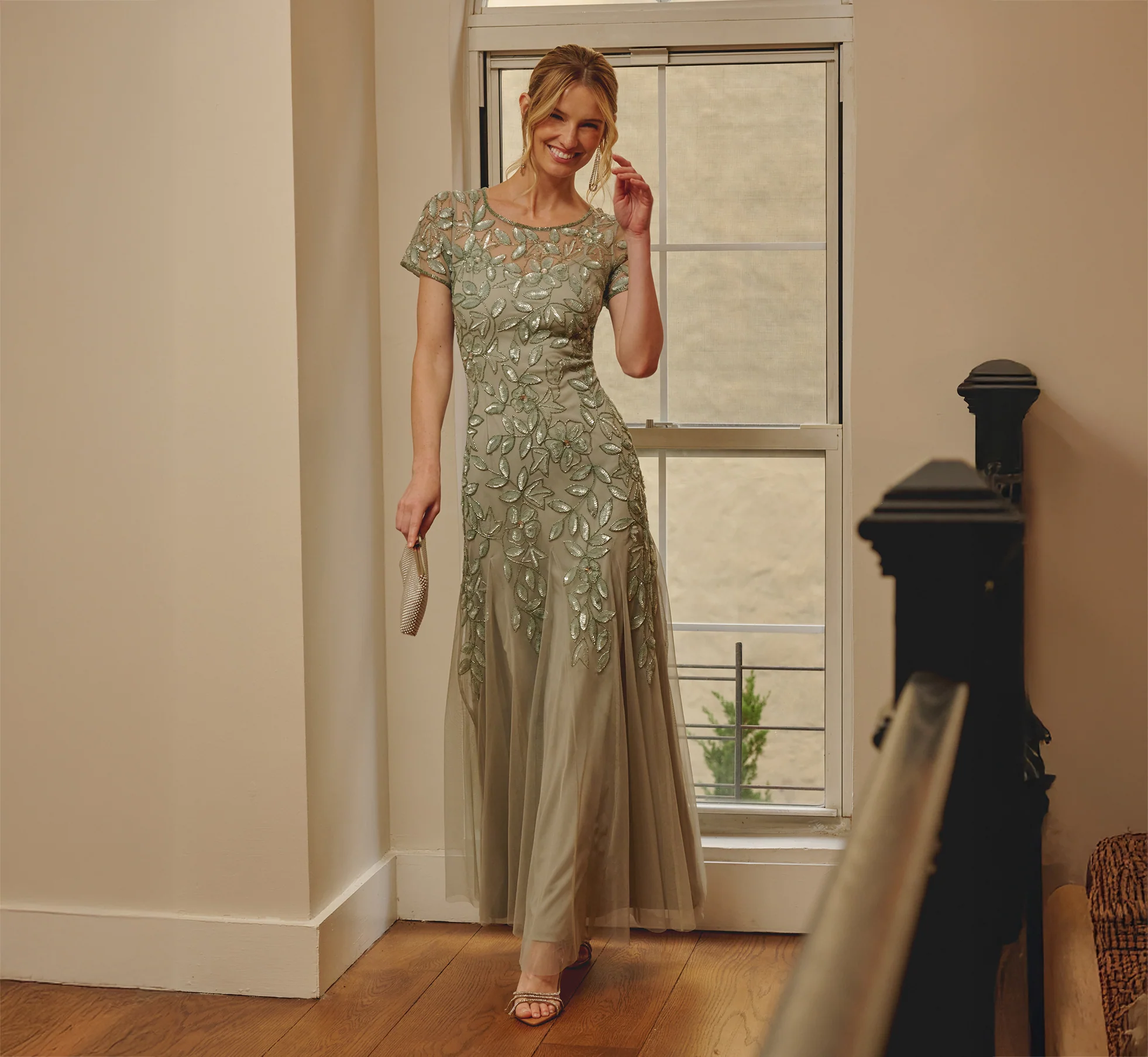 sage green beaded short sleeve mother of the groom dress elegant formal wedding gown