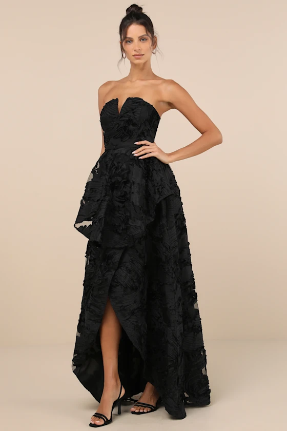 black strapless formal wedding guest dress