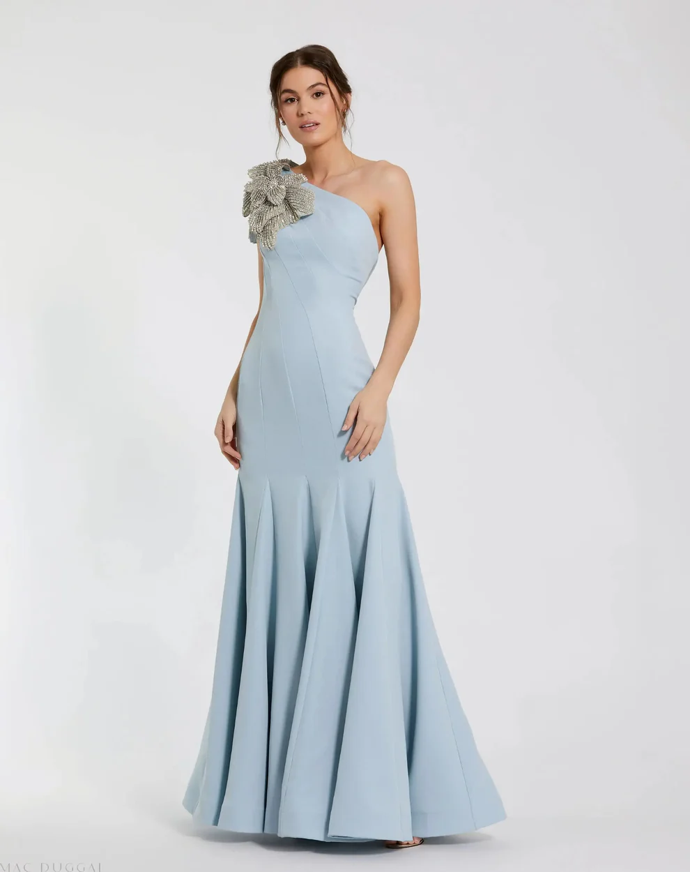 formal wedding guest dress in powder blue with rhinestone flower