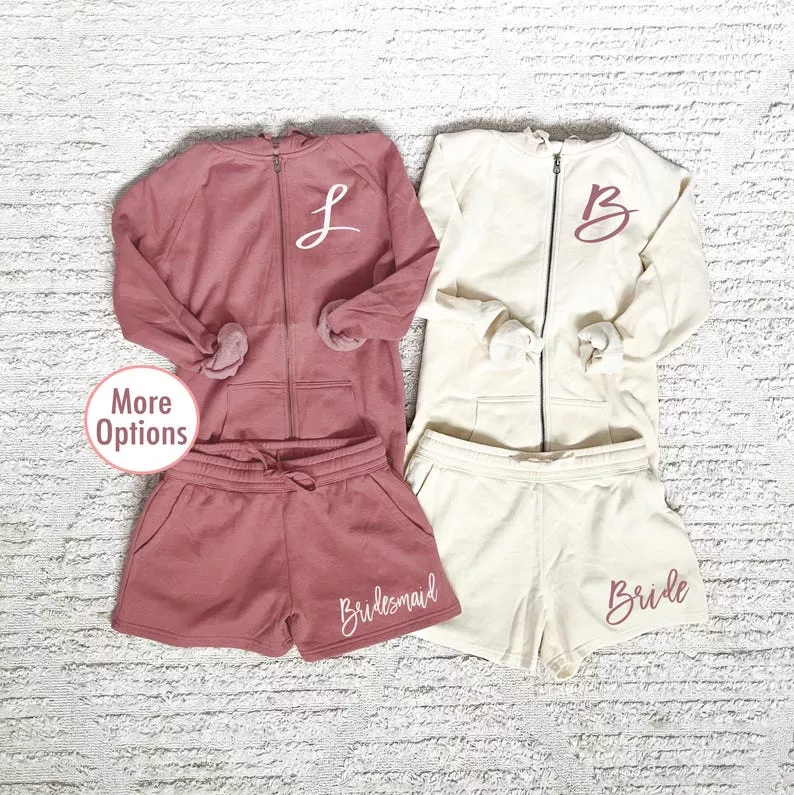 bridesmaid pajama set with sweatshirt and shorts