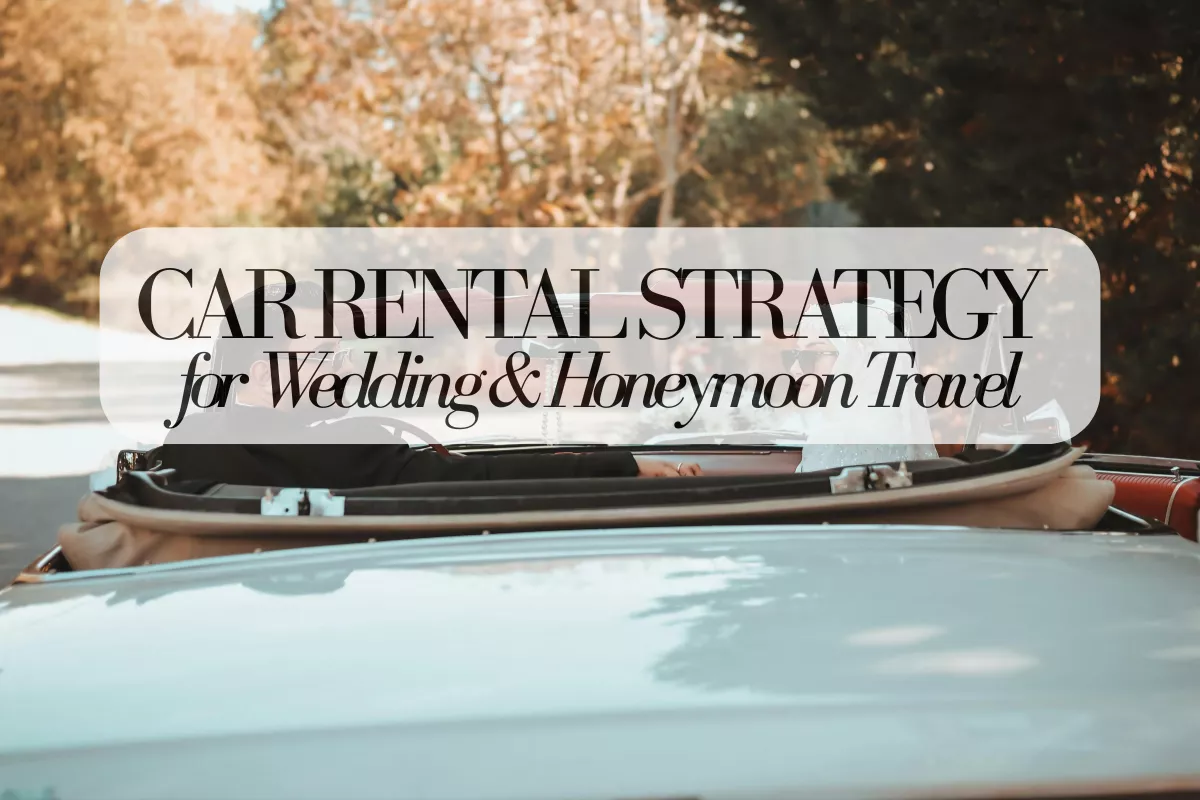 a wedding couple driving along an Australian coastal road in a rental car