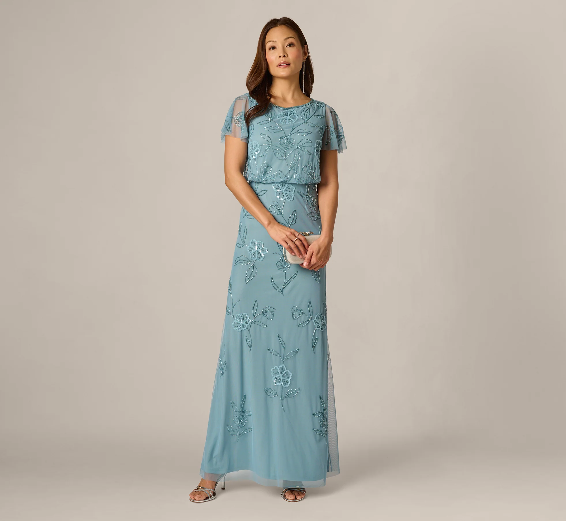 sky blue flutter sleeve mother of the groom dress lightweight elegant beach wedding outfit