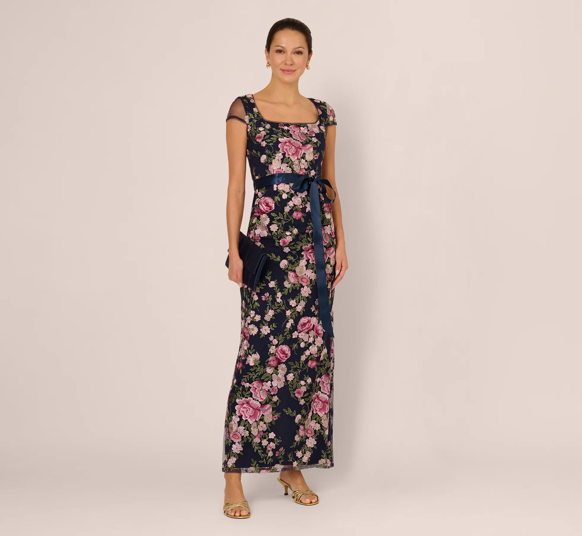 navy and blush floral column gown with cap sleeves mother of the groom dress garden wedding