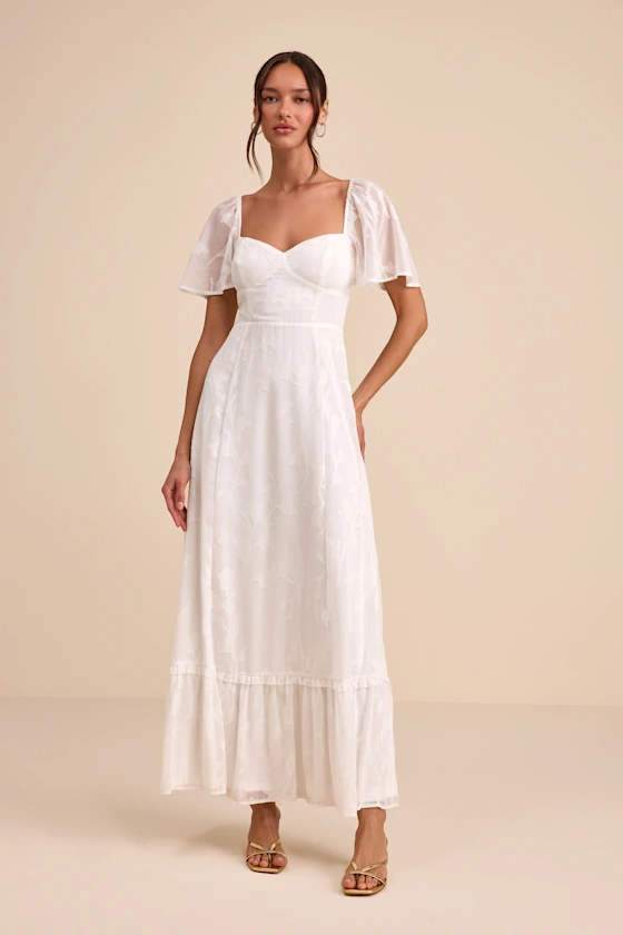 white flutter sleeve midi dress for the bridal shower