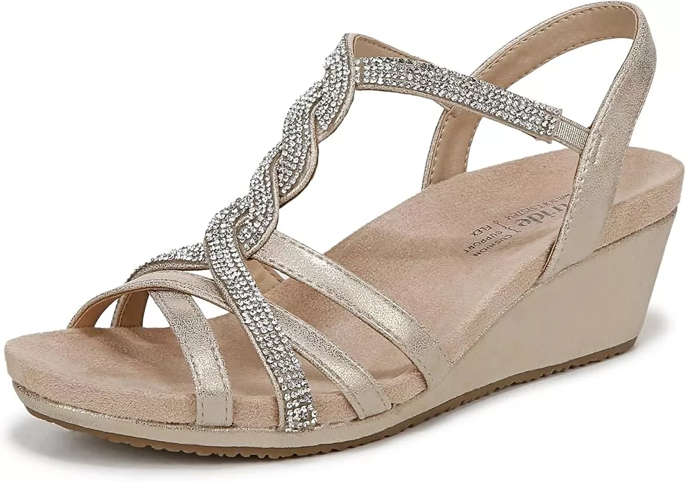 gold wedge sandals for mother of the bride outdoors