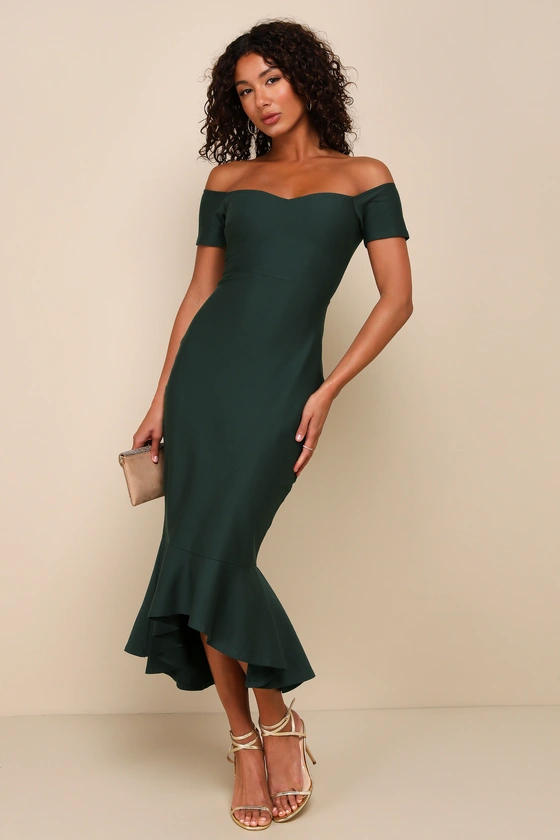 green formal wedding guest dress with midi length