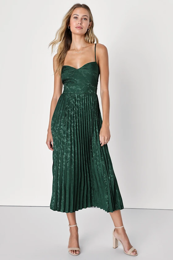 green pleated wedding guest dress for cocktail weddings