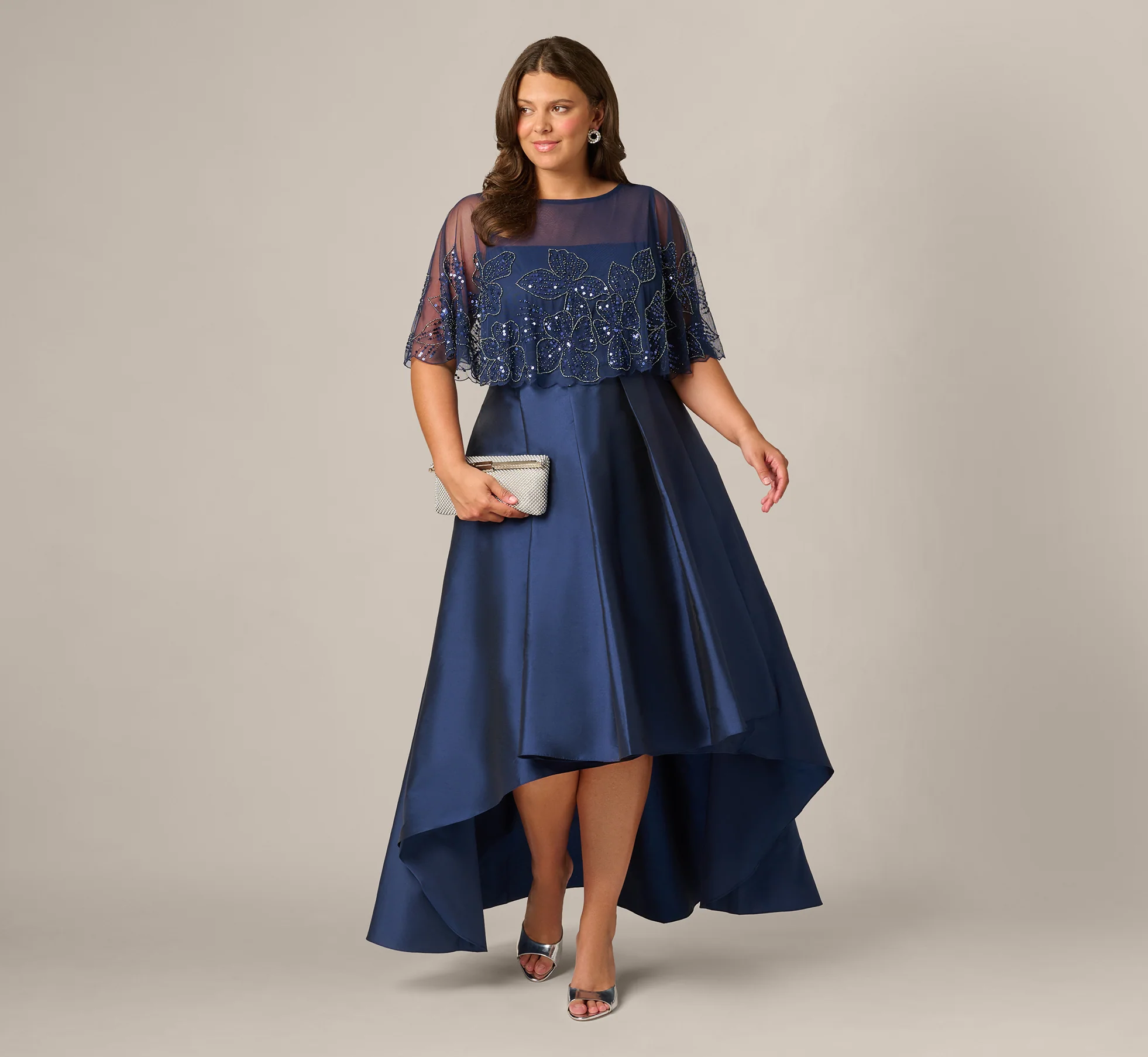 navy blue high low satin mother of the groom dress with cape overlay elegant wedding outfit