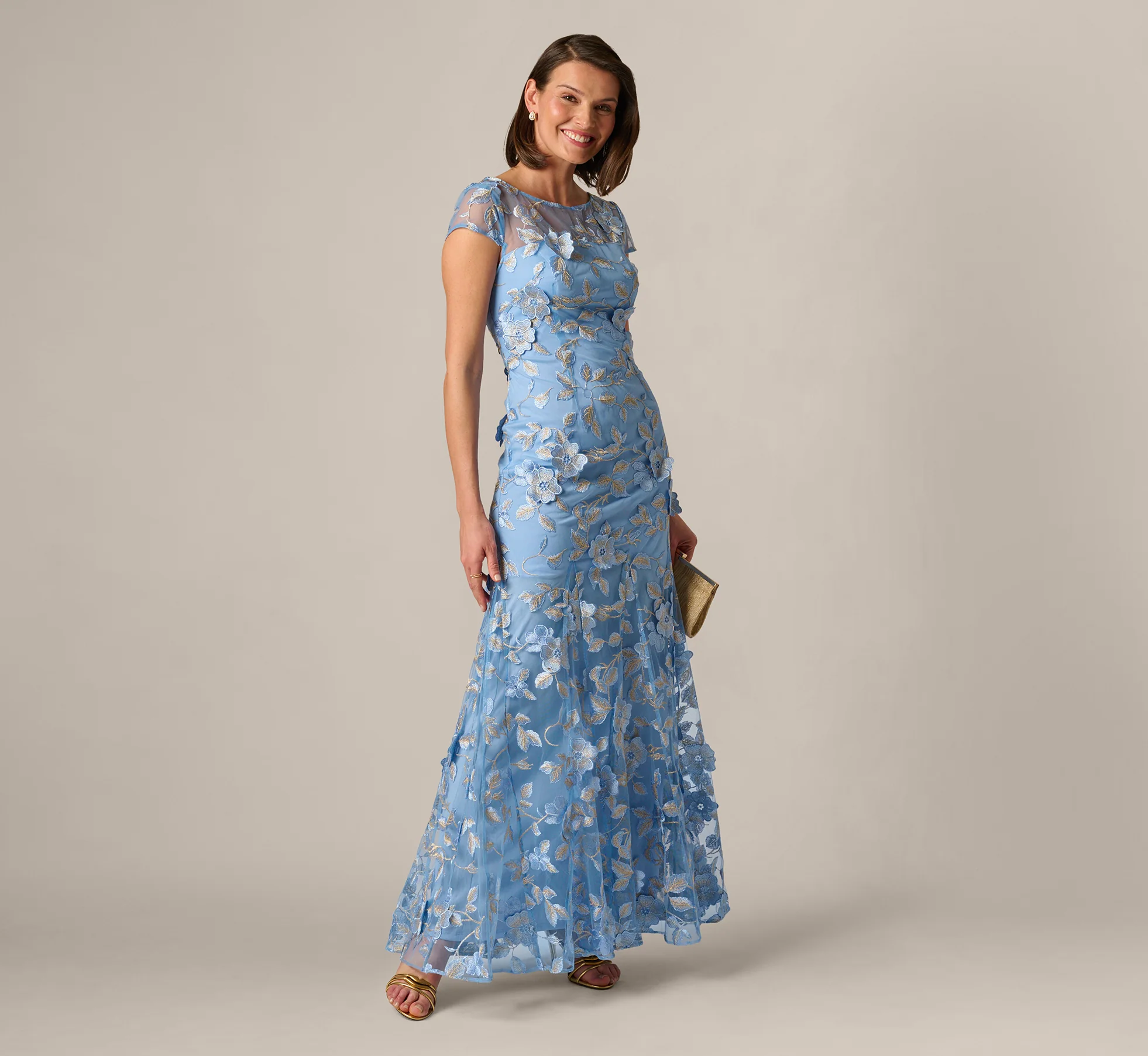 light blue embroidered floral high neck mother of the groom dress classic elegant gown