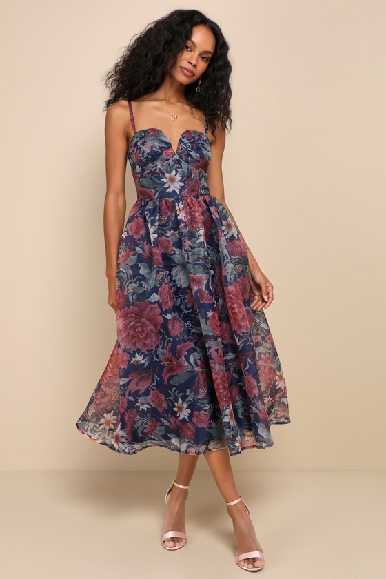 floral midi length semi formal wedding guest dress