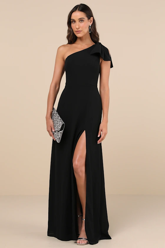 black one-shoulder formal wedding guest dress