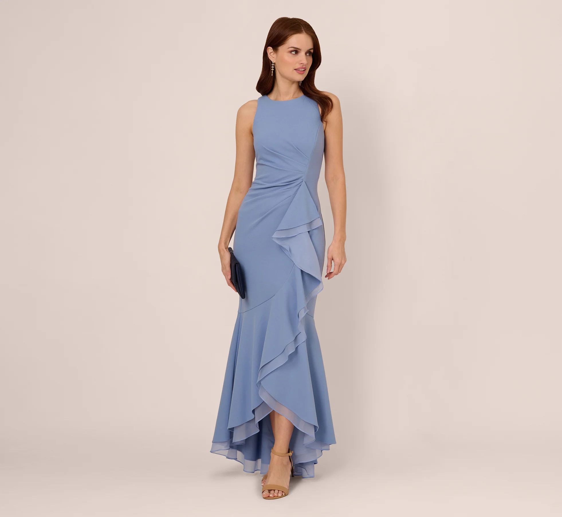 french blue organza midi mother of the groom dress airy semi formal wedding outfit
