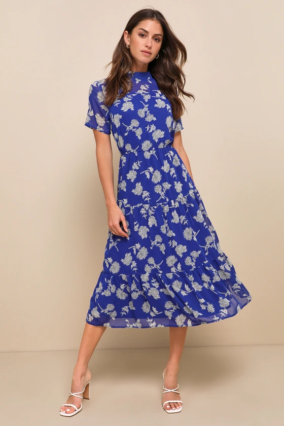 blue floral midi length cocktail wedding guest dress