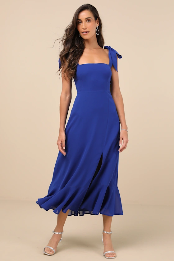 royal blue midi dress with tie straps