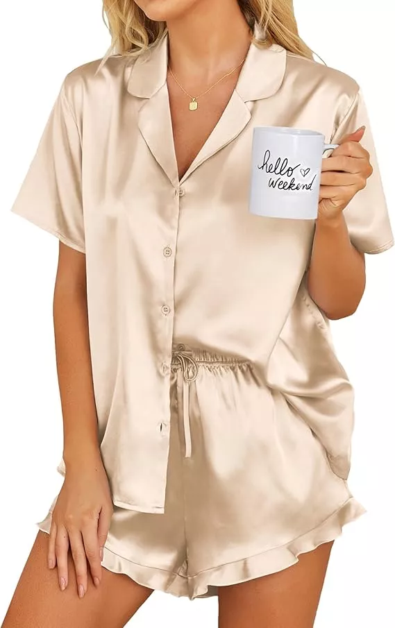 cheap bridesmaid pajamas with ruffles and satin