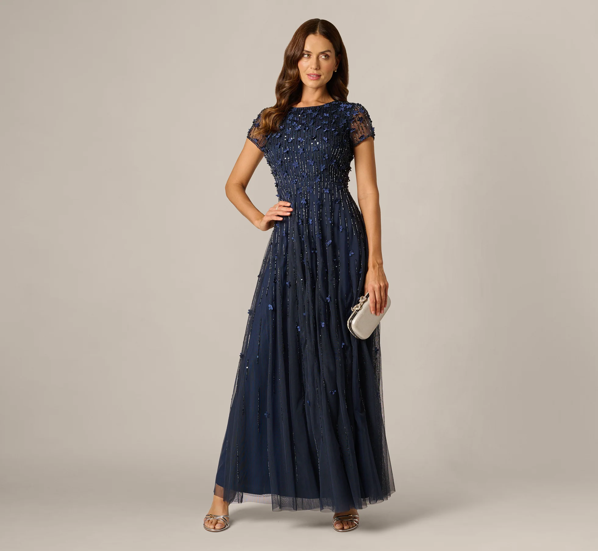 navy 3D floral beaded mother of the groom dress elegant evening wedding gown