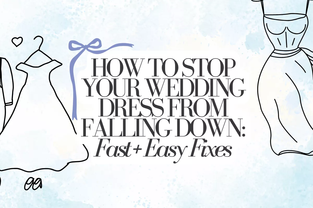 bride adjusting strapless wedding dress with fashion tape to prevent slipping