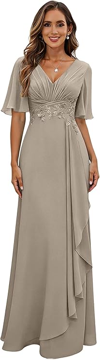 taupe mother of the bride dress with elbow length sleeves