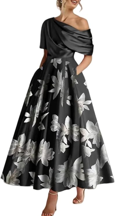 satin mother of the bride dress with floral skirt
