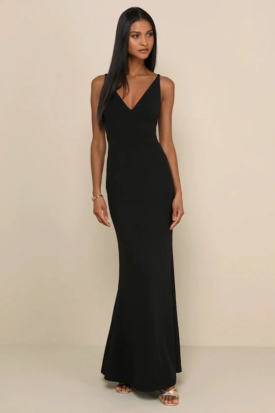 v-neck black floor length black tie wedding guest dress