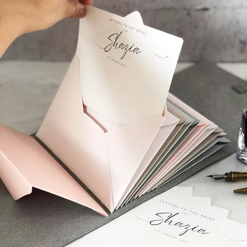 collection of handwritten wedding letters placed in envelopes for a wedding day letter book