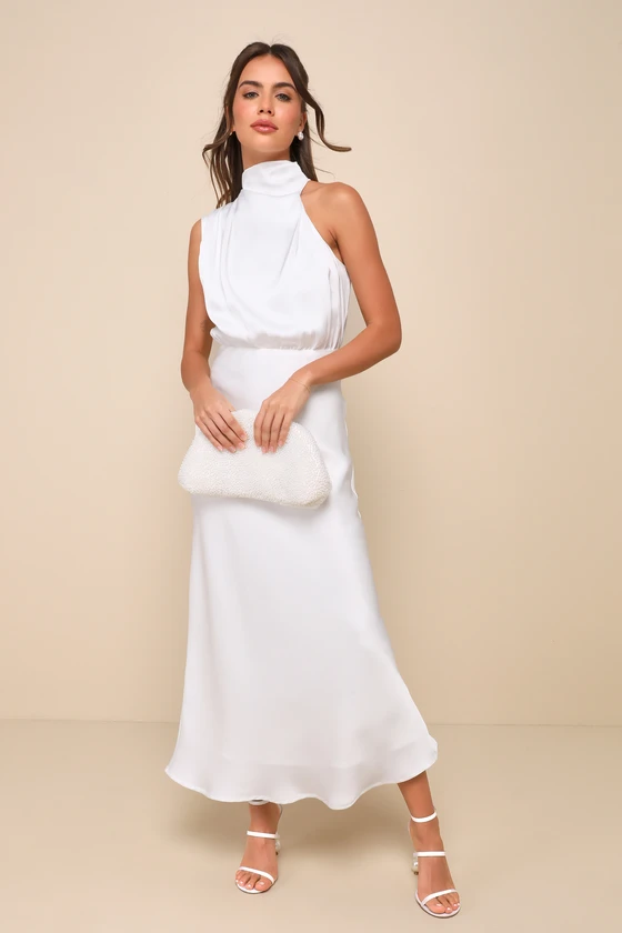 white satin midi length bridal shower dress with fabric thick that won't see through