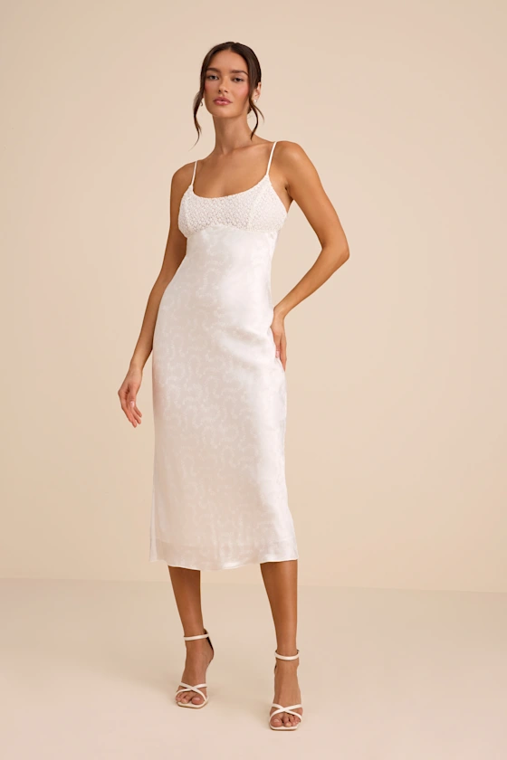 white satin and lace midi slip dress for bridal shower