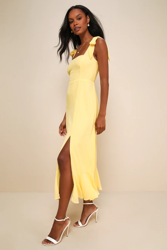 yellow midi length wedding guest dress