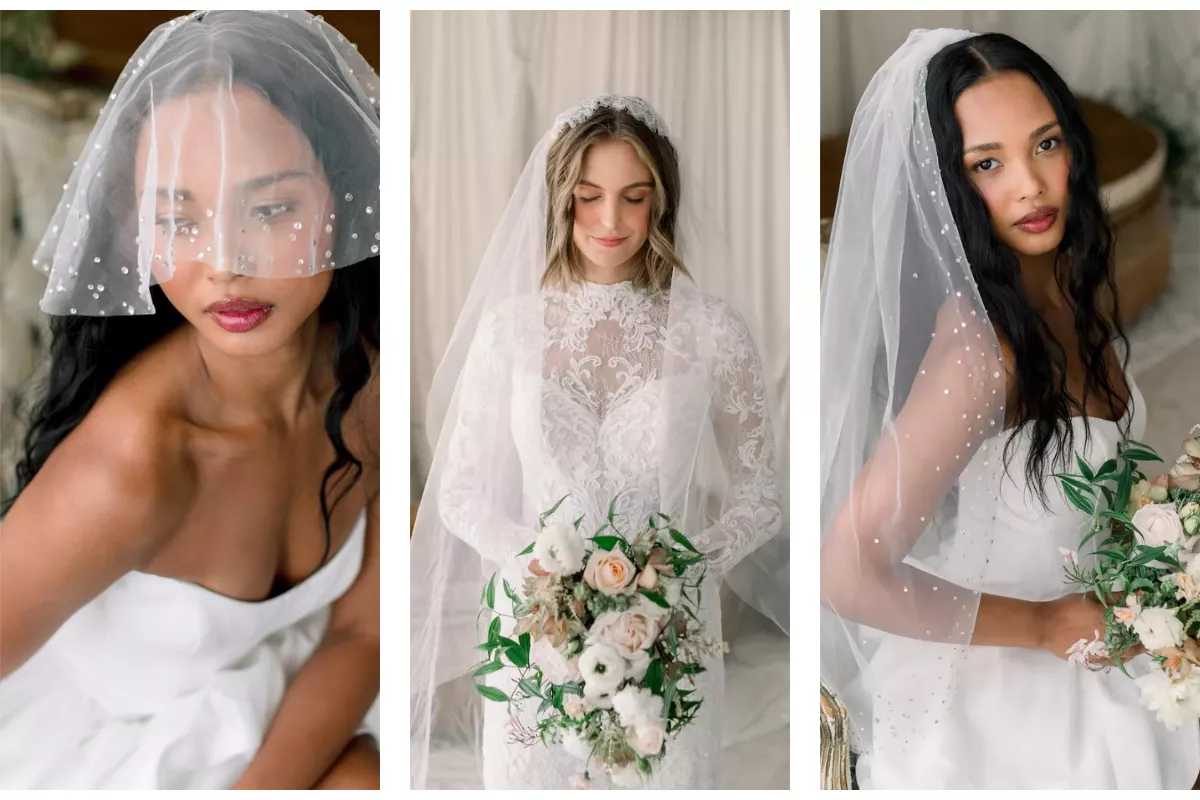 bridal veil trends 2026 featuring pearl veils, Juliet veils, and soft tulle wedding veils