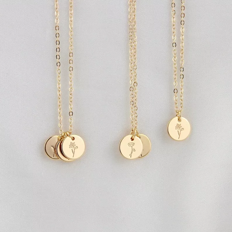 dainty birth flower necklace bridesmaid gift with minimalist disc style to wear everyday