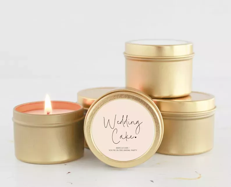 scented bridesmaid candle gift in gold tin with soft feminine packaging