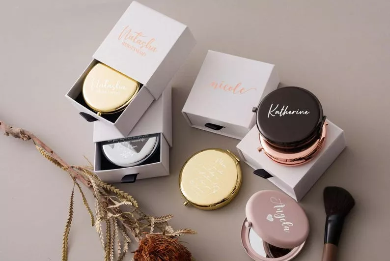 personalized compact mirror bridesmaid gift with engraved initials in a gold finish