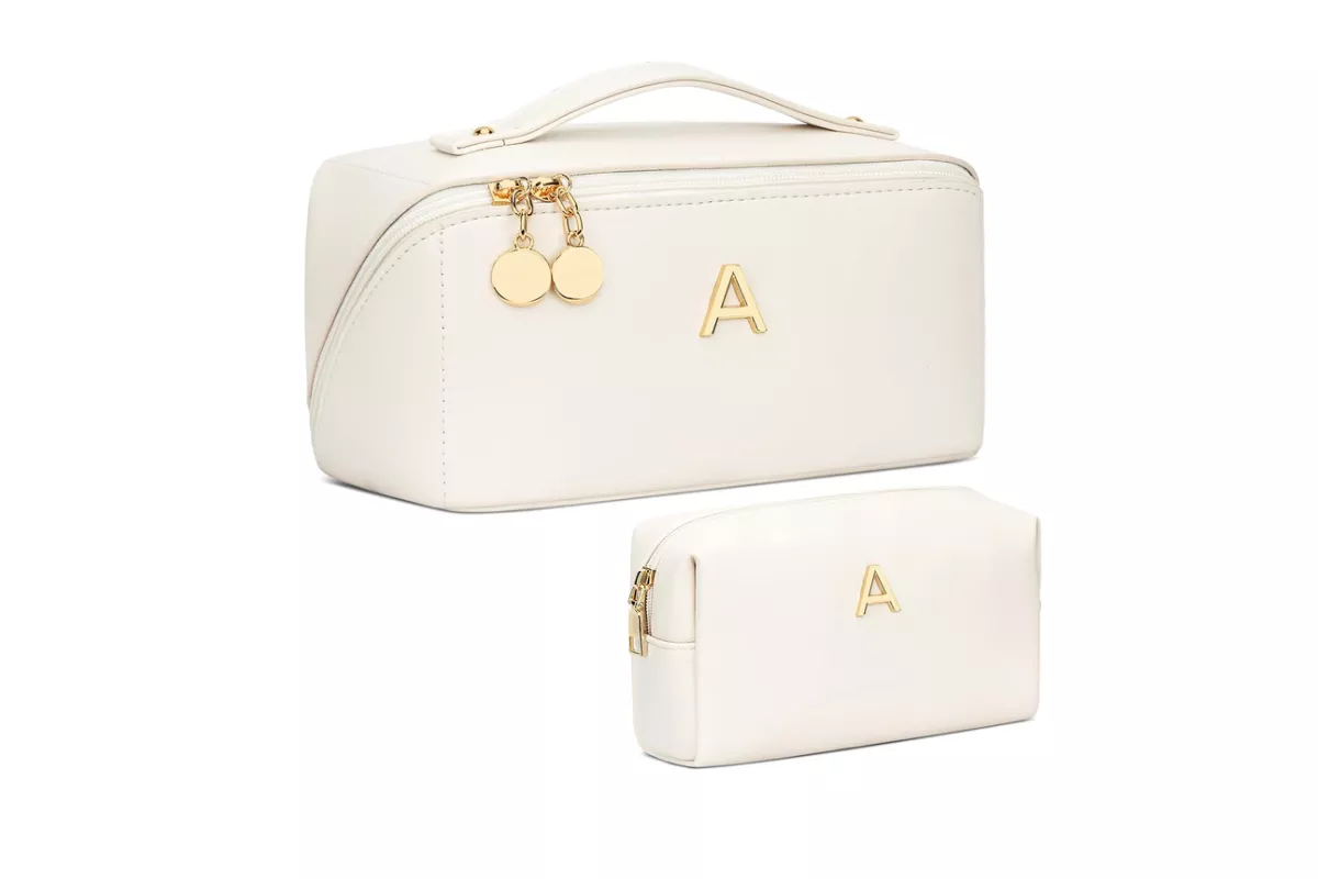 custom cosmetic pouch bridesmaid gift with initial and elegant minimalist design