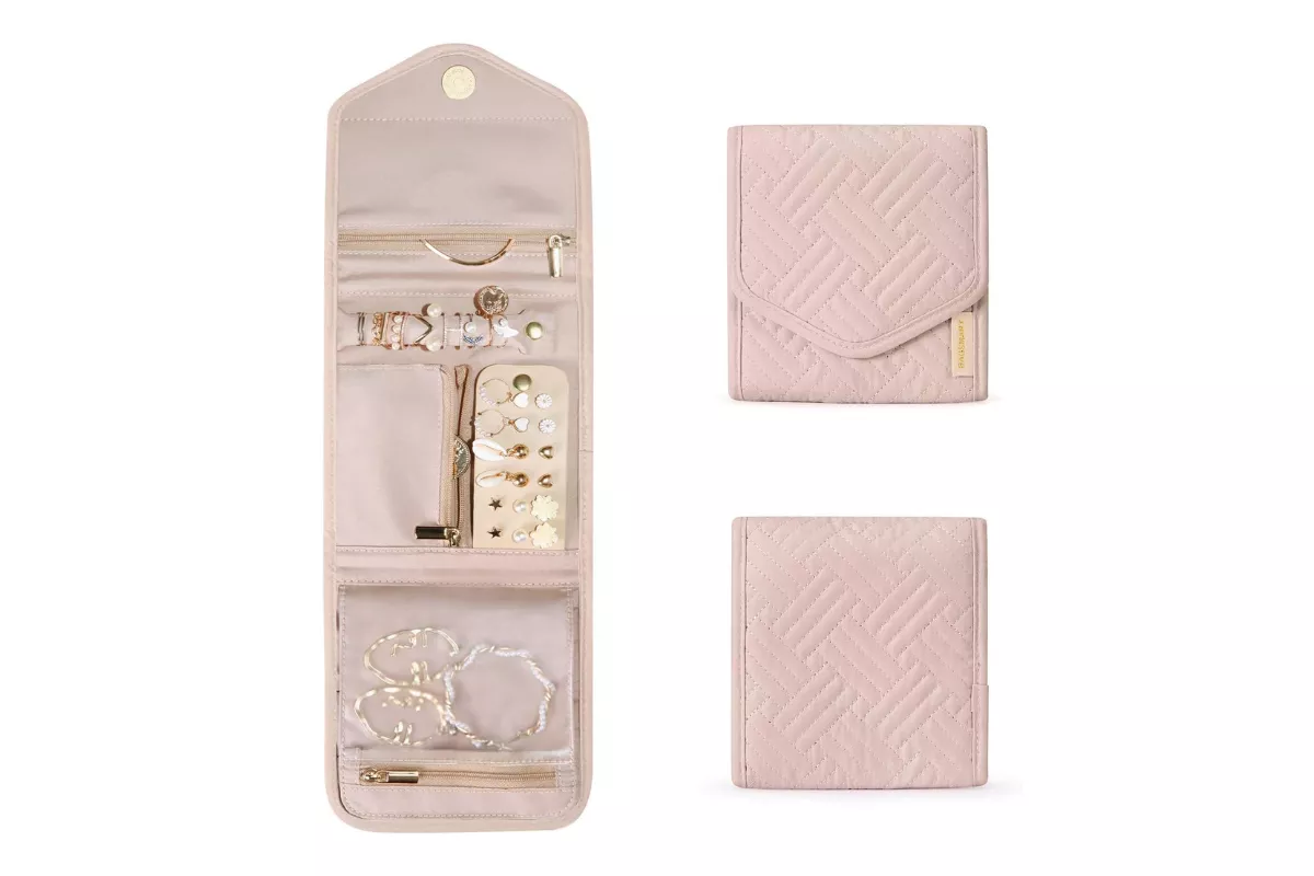 jewelry roll bridesmaid gift organized with compartments and easy hanging for visibility when getting ready