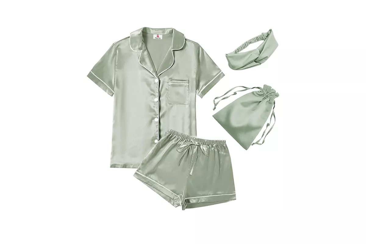 silky soft pajama set with shorts and button down shirt with matching spa headband