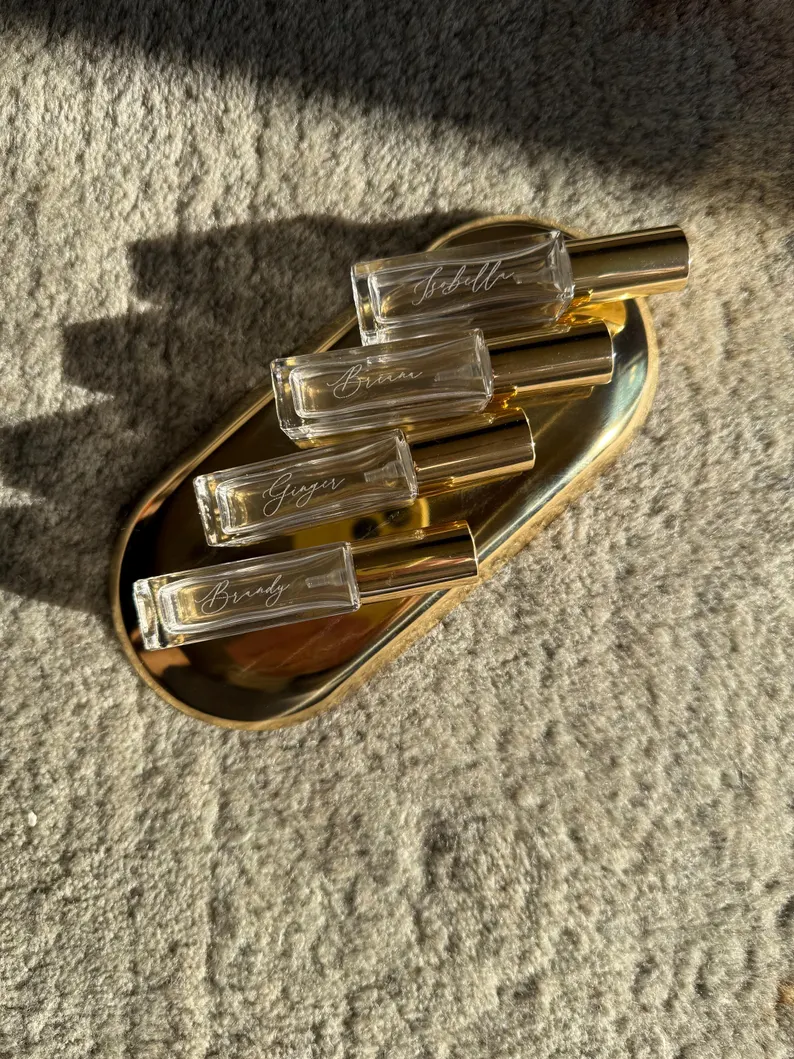 personalized mini perfume bottle with bridesmaid's name engraved