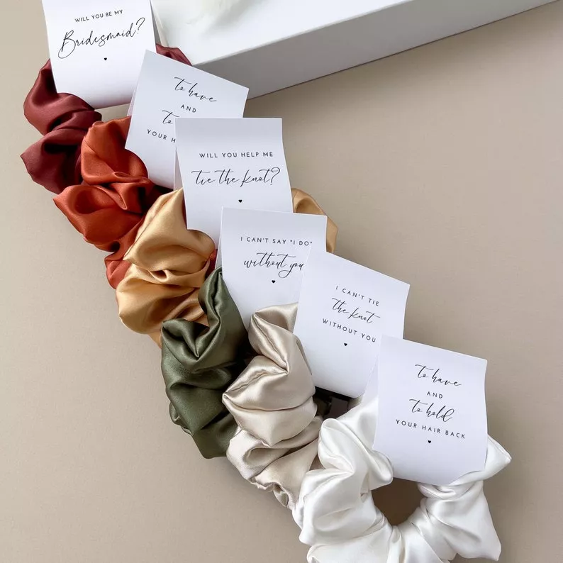 silk scrunchie set bridesmaid gift styled for wedding morning prep