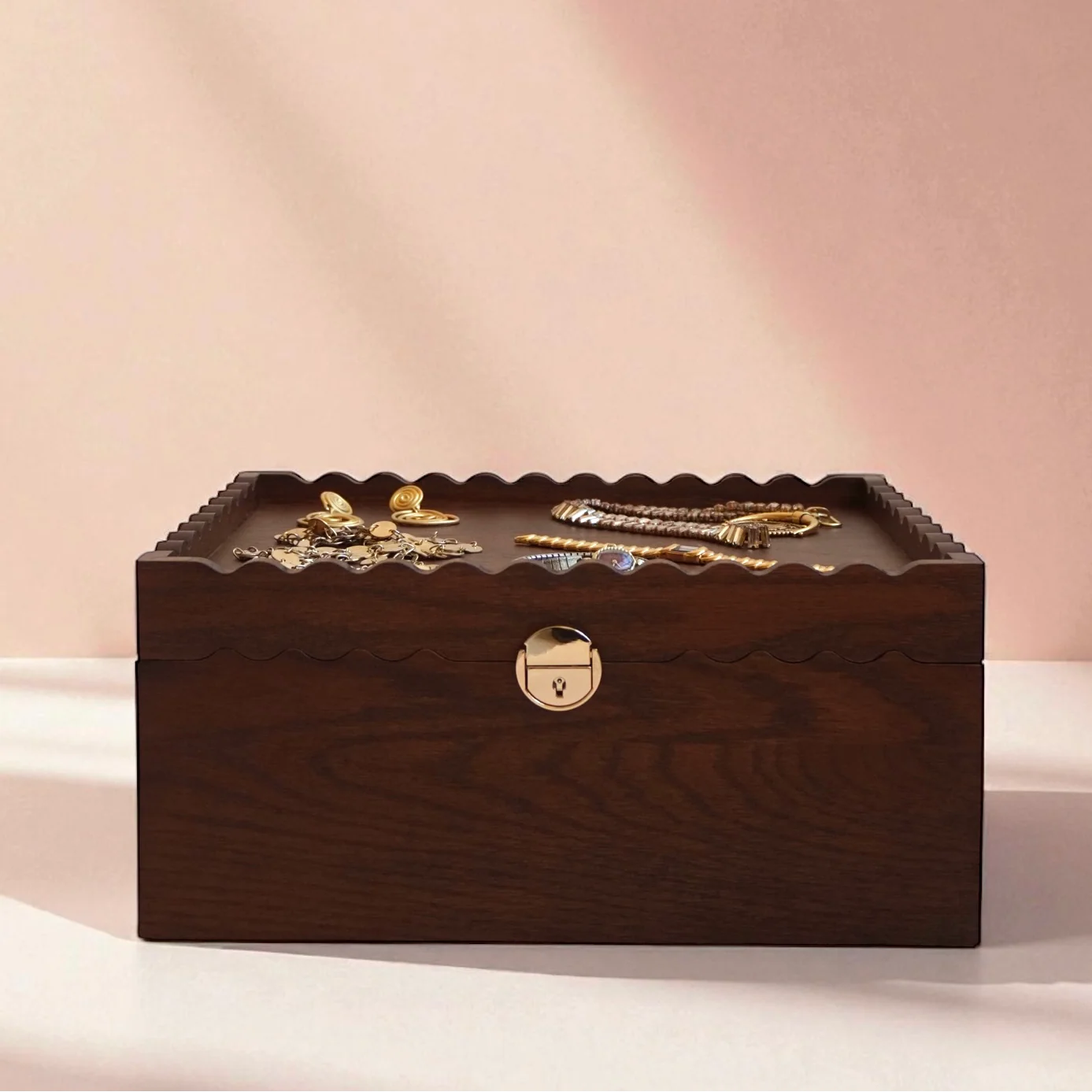 Curio Blvd 2-in-1 oak wedding keepsake case with removable organizer trays for storing wedding memories and documents