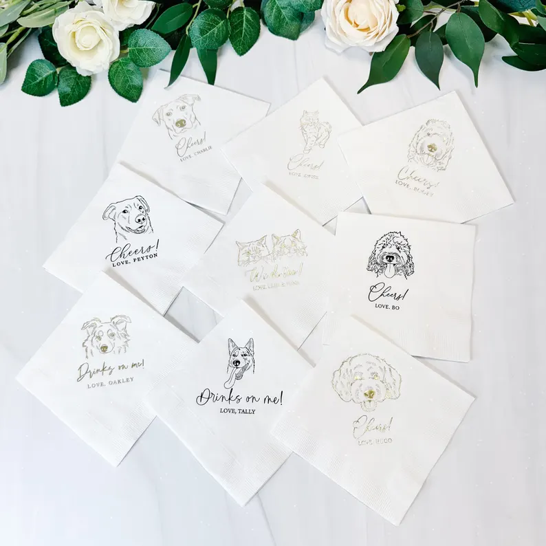 wedding napkins featuring custom dog illustration and couple names
