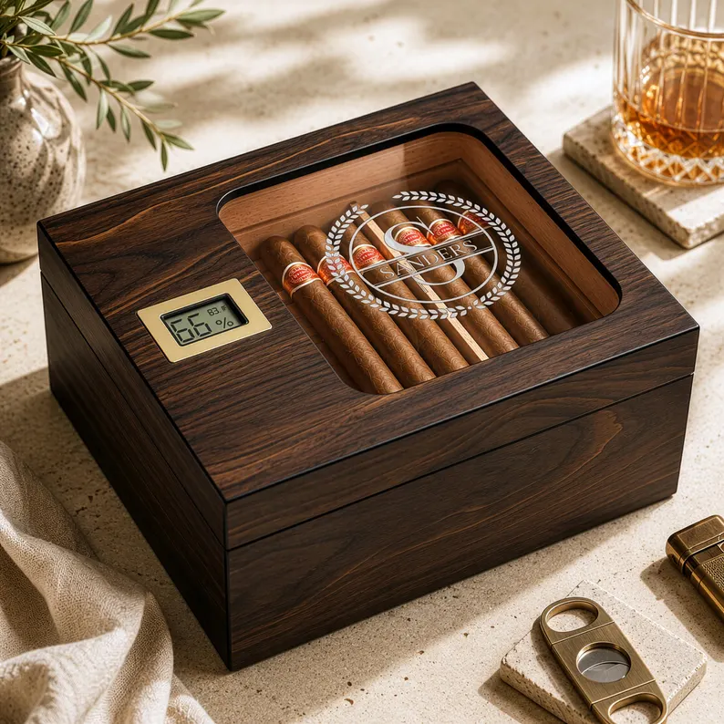 engraved cigar humidor personalized luxury gift for groom with wooden box and monogram
