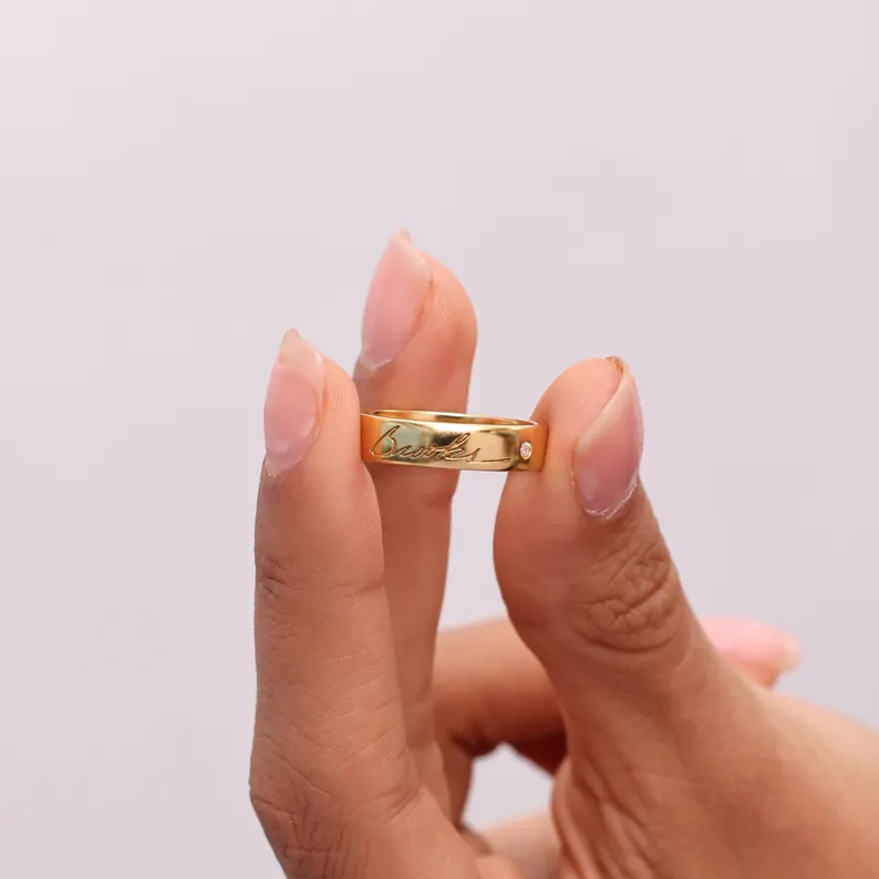 engraved wedding band with your handwriting and birthstone on etsy