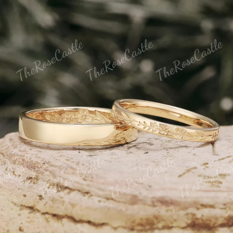 floral engraving wedding bands for him and her