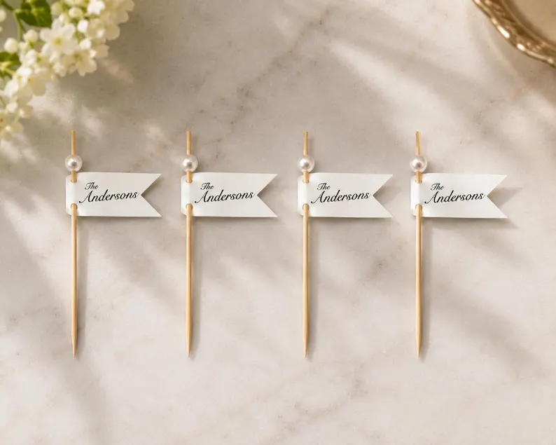 cocktail stir sticks for wedding with pearl and personalized name on flag