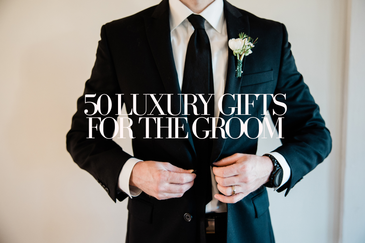 luxury gifts for groom including a watch, leather wallet, cufflinks, decanter, and travel accessories