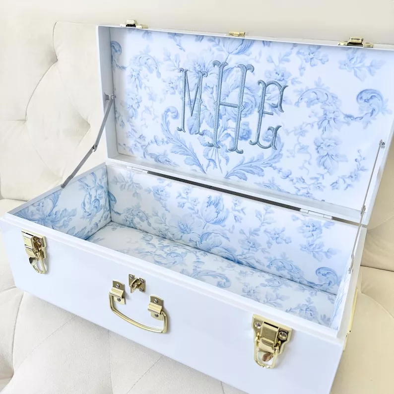 embroidered wedding monogram keepsake trunk for wedding mementos