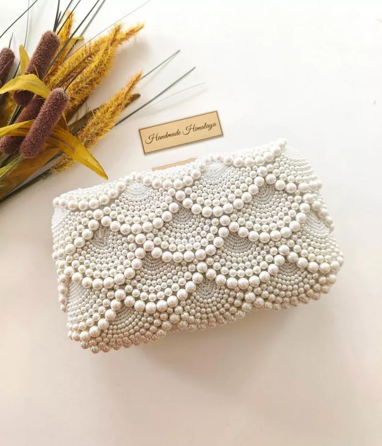 scalloped pearl bridal purse