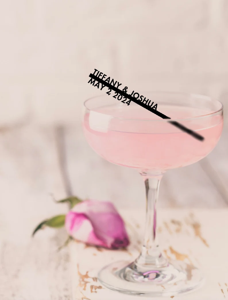 cute cocktail stirrers for wedding with names and wedding date