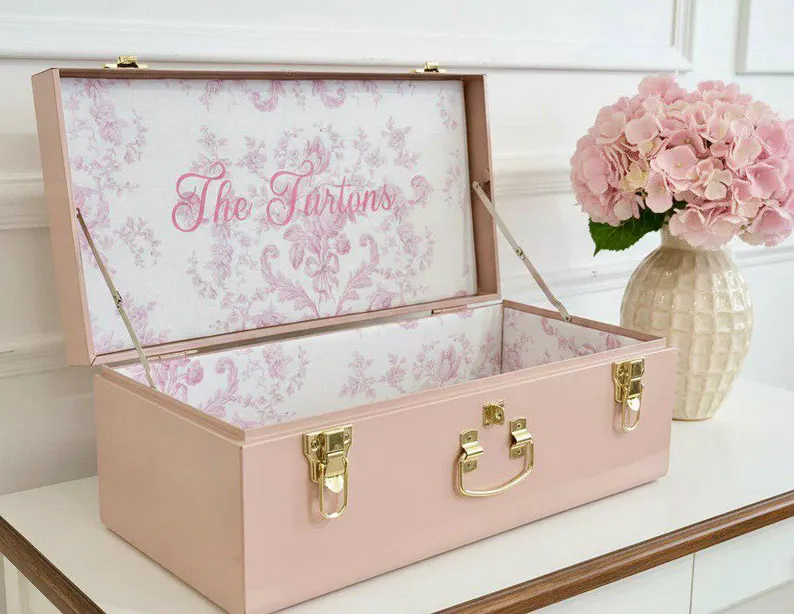 personalized pink wedding keepsake trunk