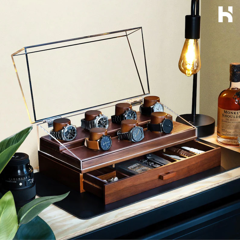 premium wood engraved watch case gift for the groom