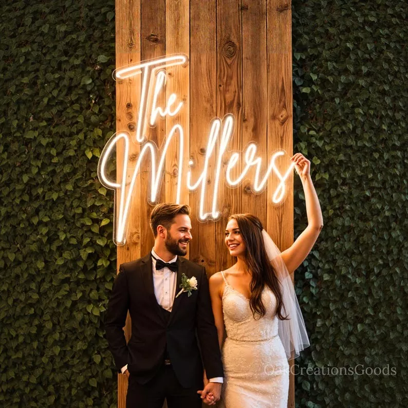 wedding neon sign backdrop for selfie station activity for guests during cocktail hour